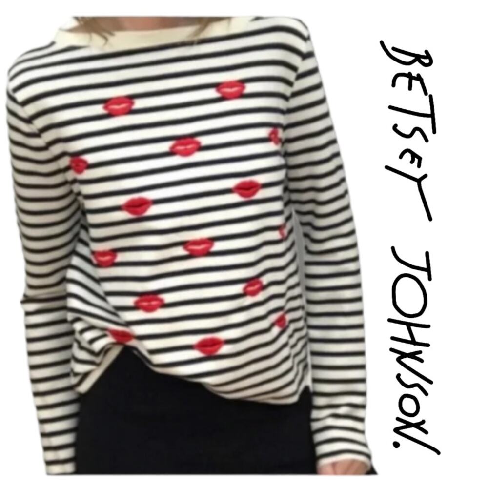 Betsey Johnson Performance Womens Striped Embroidered Kiss Lips Top Size XS